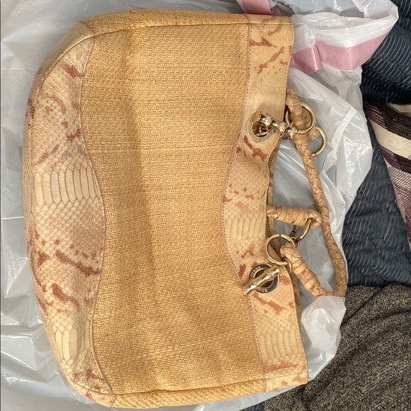 Elaine Turner Snakeskin & Woven Straw Tote Bag - Cream/Tan with Pink Interior - Picture 10 of 11